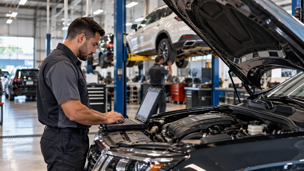 Automotive service technician using diagnostic software in a repair bay