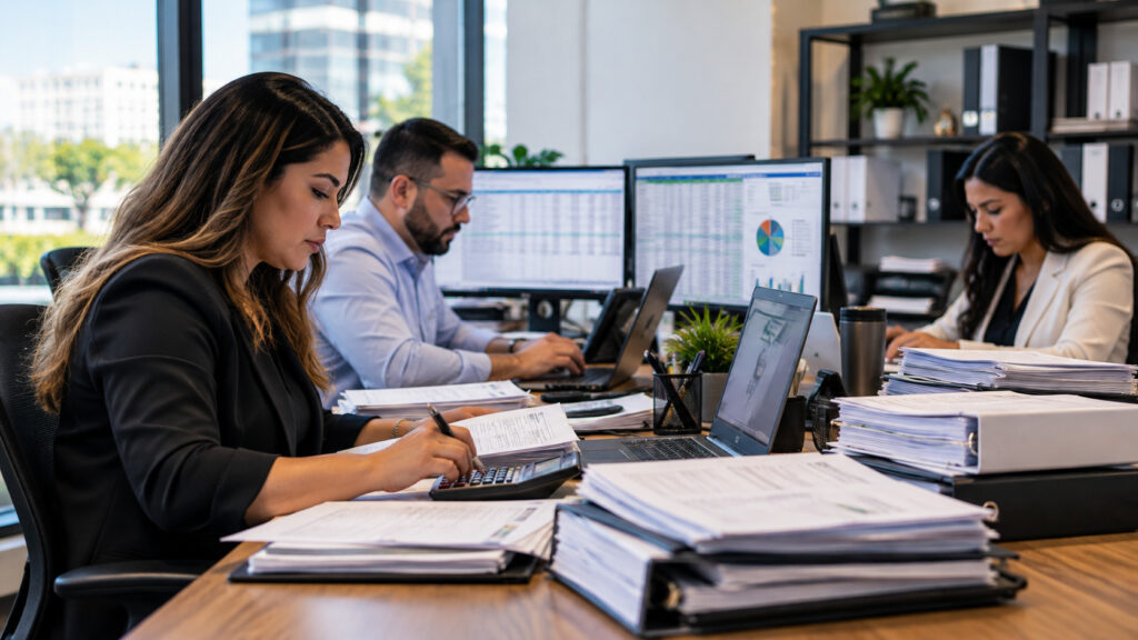 Accounting team working through paperwork and multiple monitors