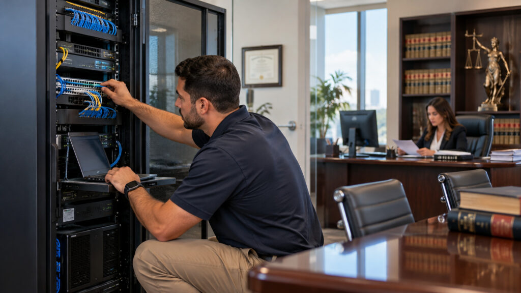 IT support technician maintaining network equipment in a law office