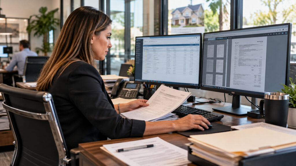 Mortgage professional processing documents at dual monitors